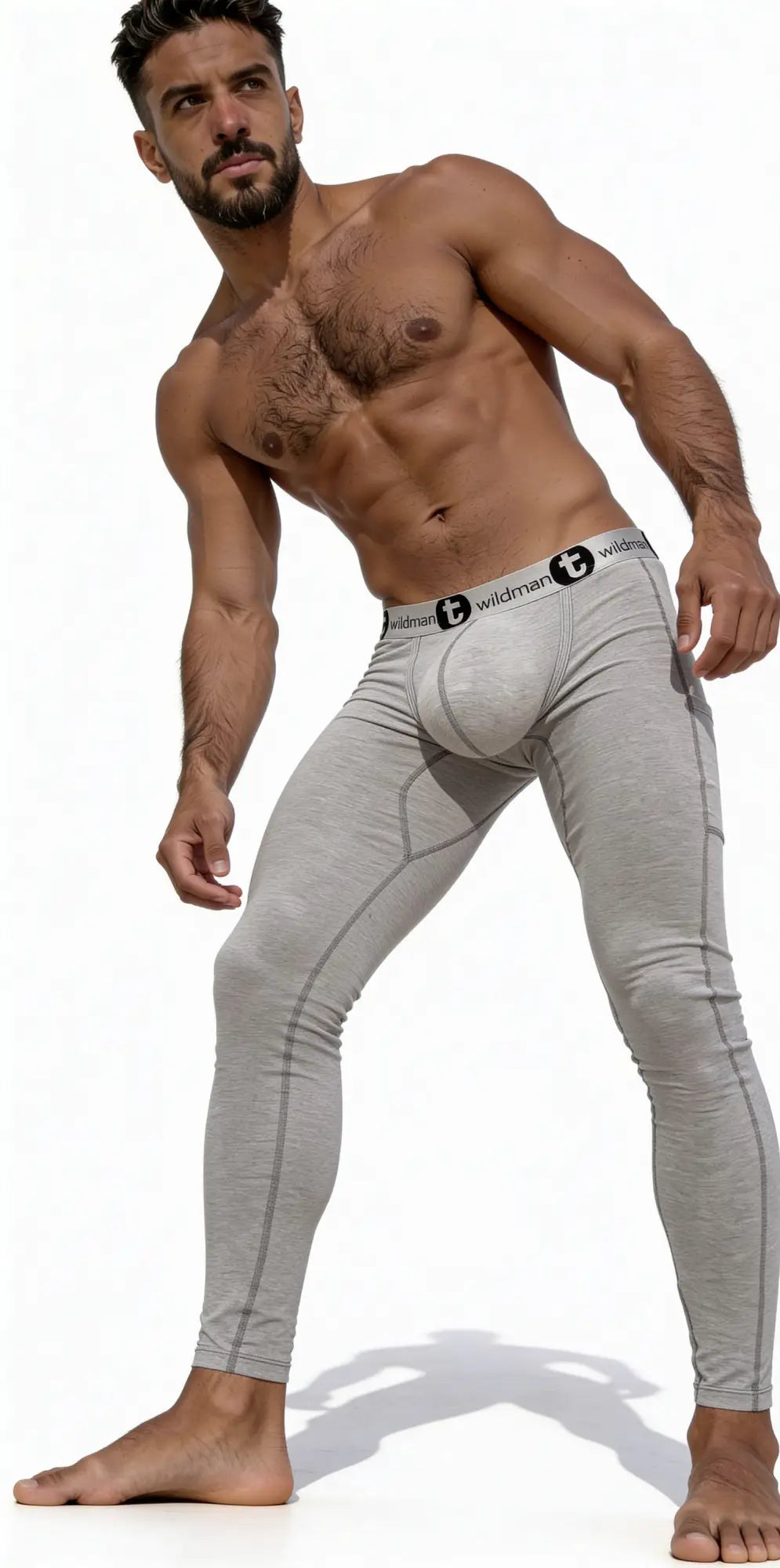 Gray form-fitting cotton men’s long johns underwear with branded waistband and subtle seam detailing by WildmanT