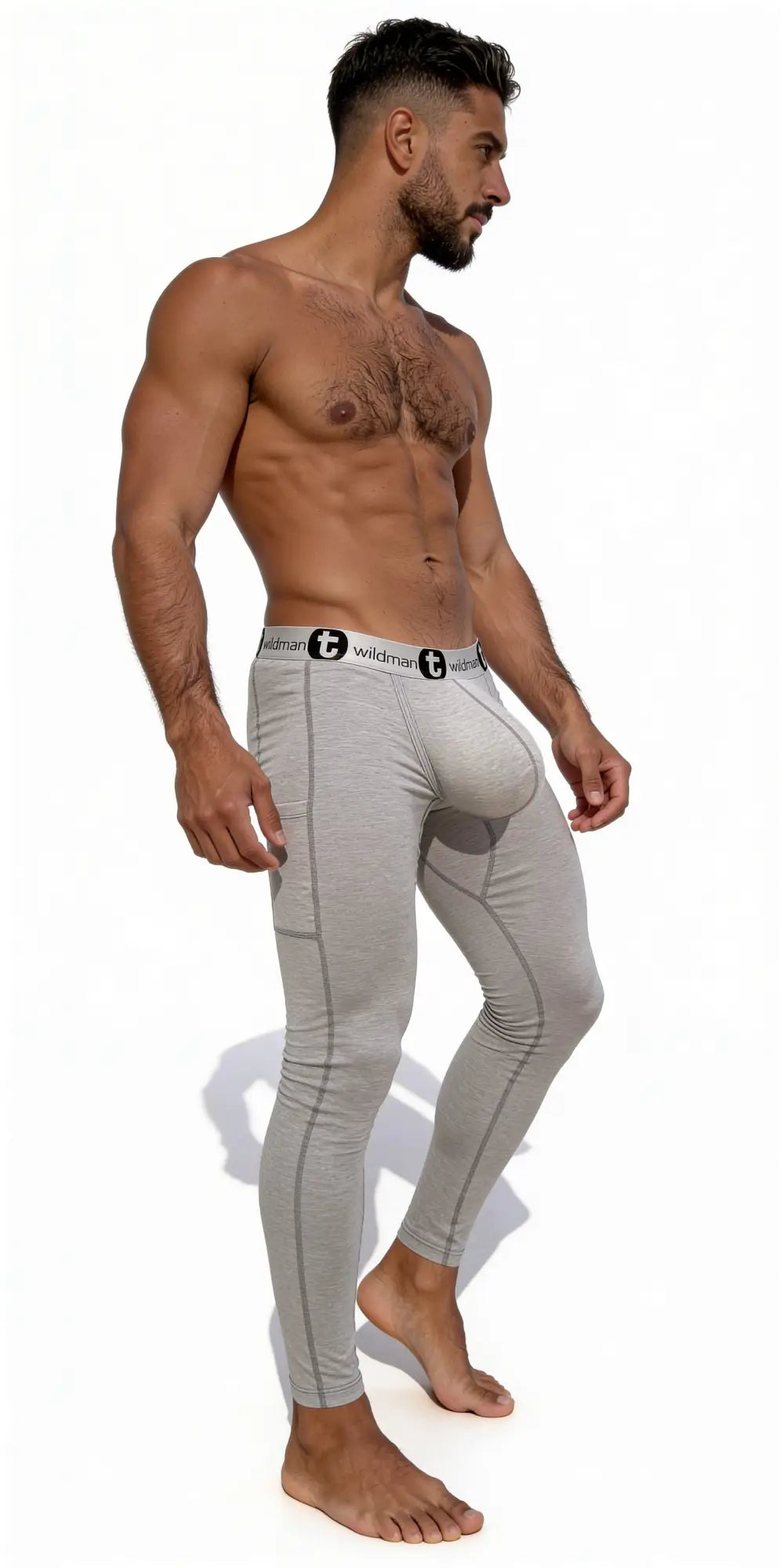 Gray form-fitting cotton WildmanT long johns with subtle side seams and a branded waistband for men