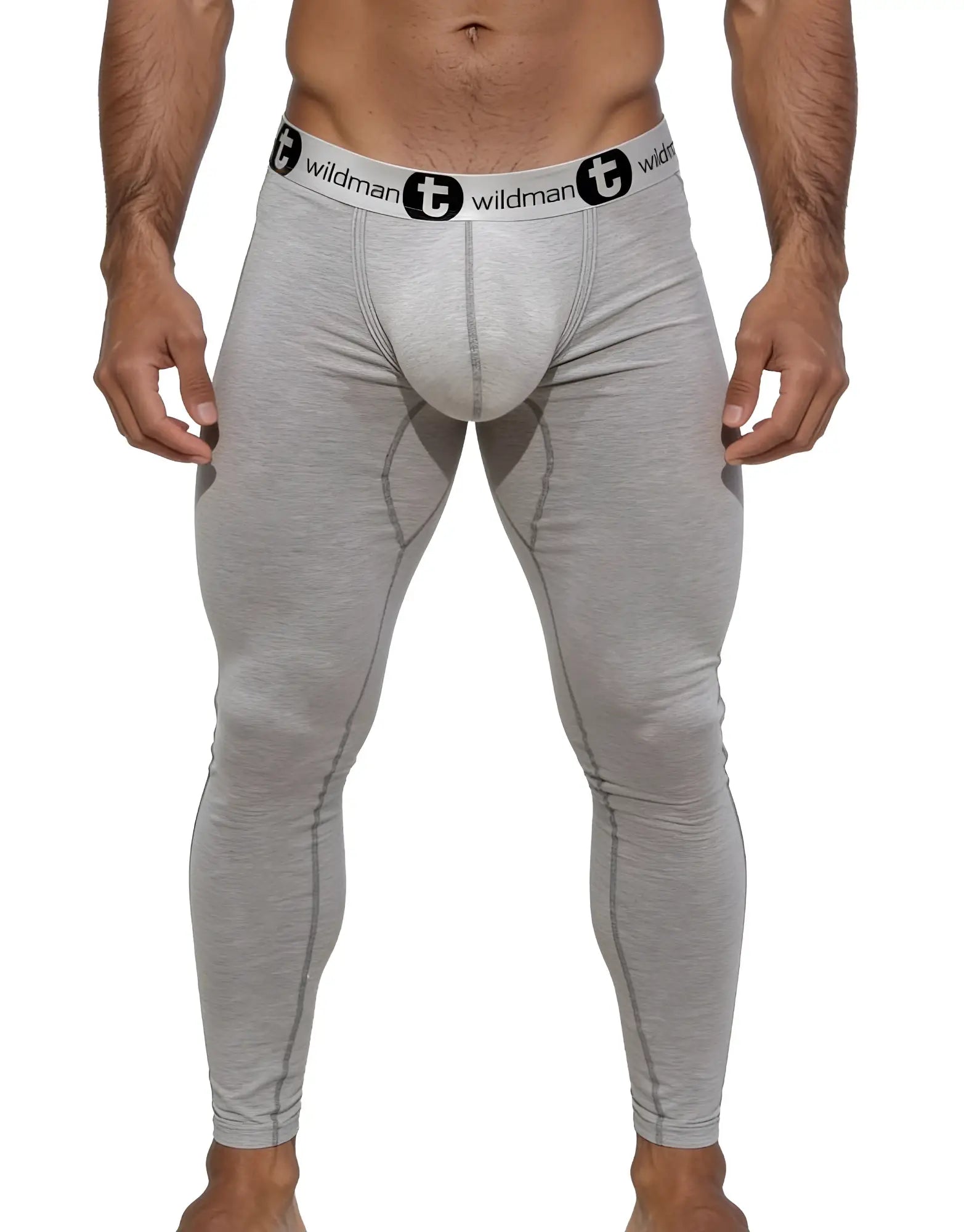 Gray wildman brand men’s cotton compression tights with black logo waistband in wildmant cotton monster cock pouch long johns