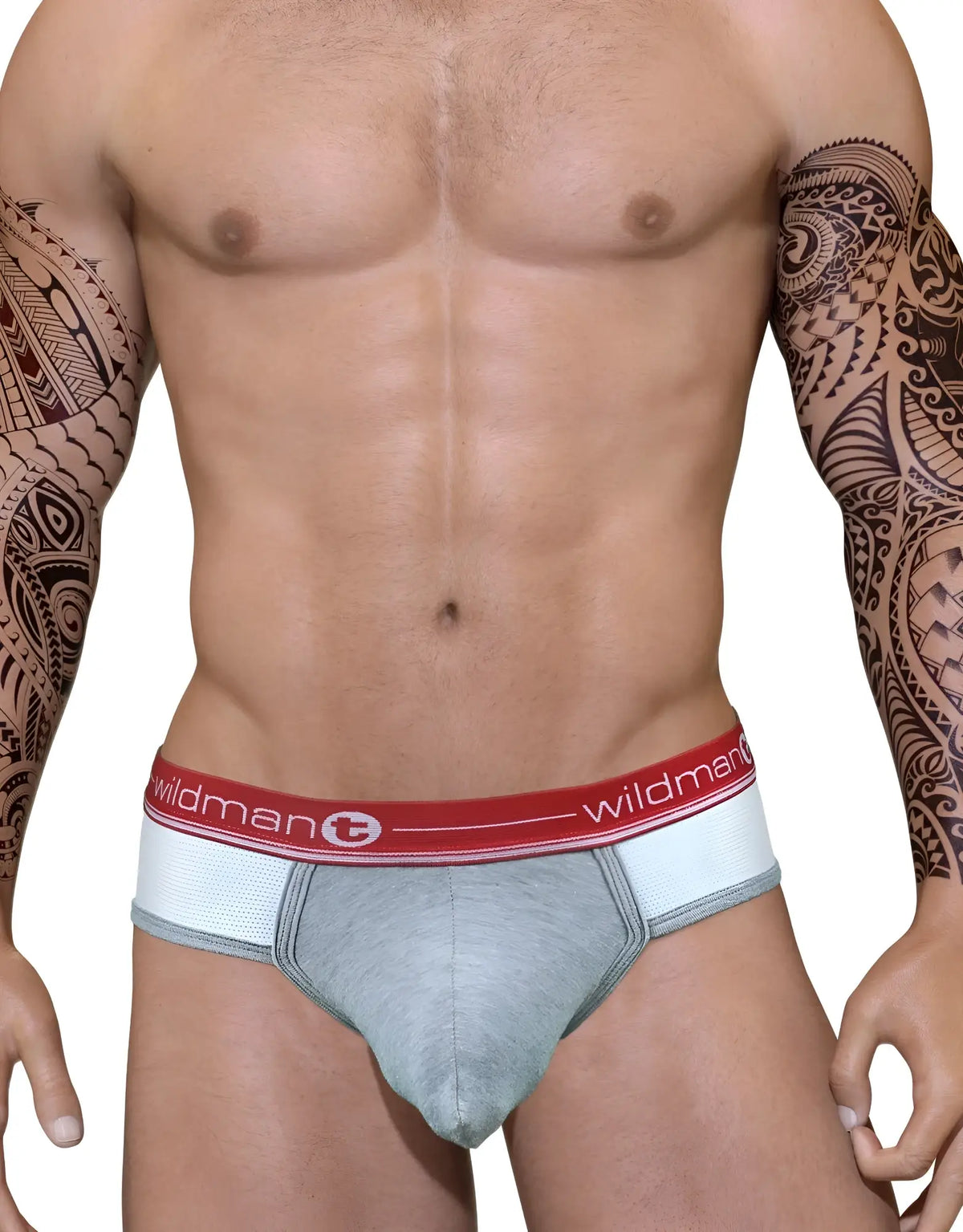 Gray wildman athletic briefs with red and white elastic waistband featuring wildman logo for active wear