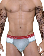 Gray wildman athletic briefs with red and white elastic waistband featuring wildman logo for active wear