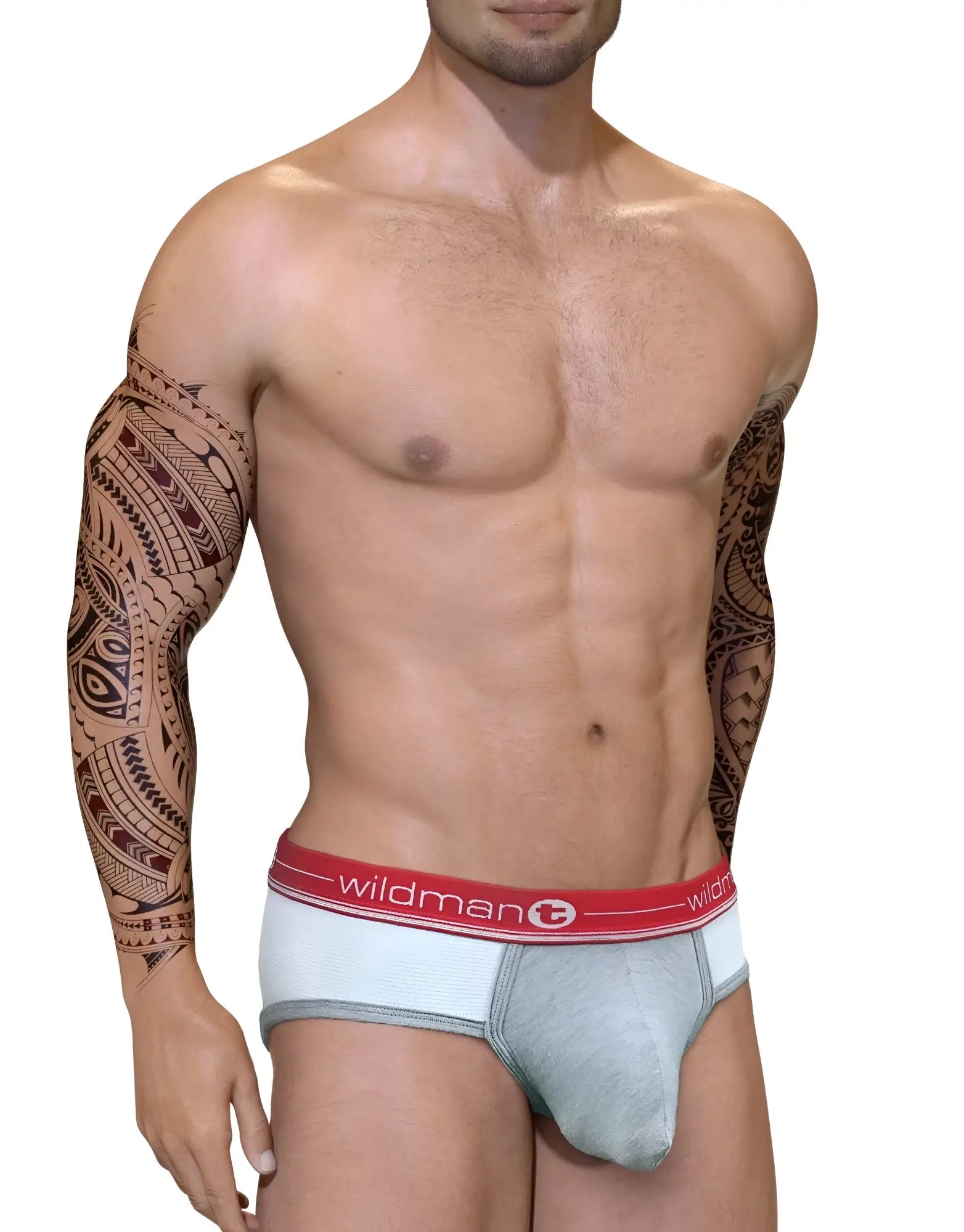 Gray and white athletic briefs with a red waistband featuring the wildman logo from the wildmant duo big boy pouch brief
