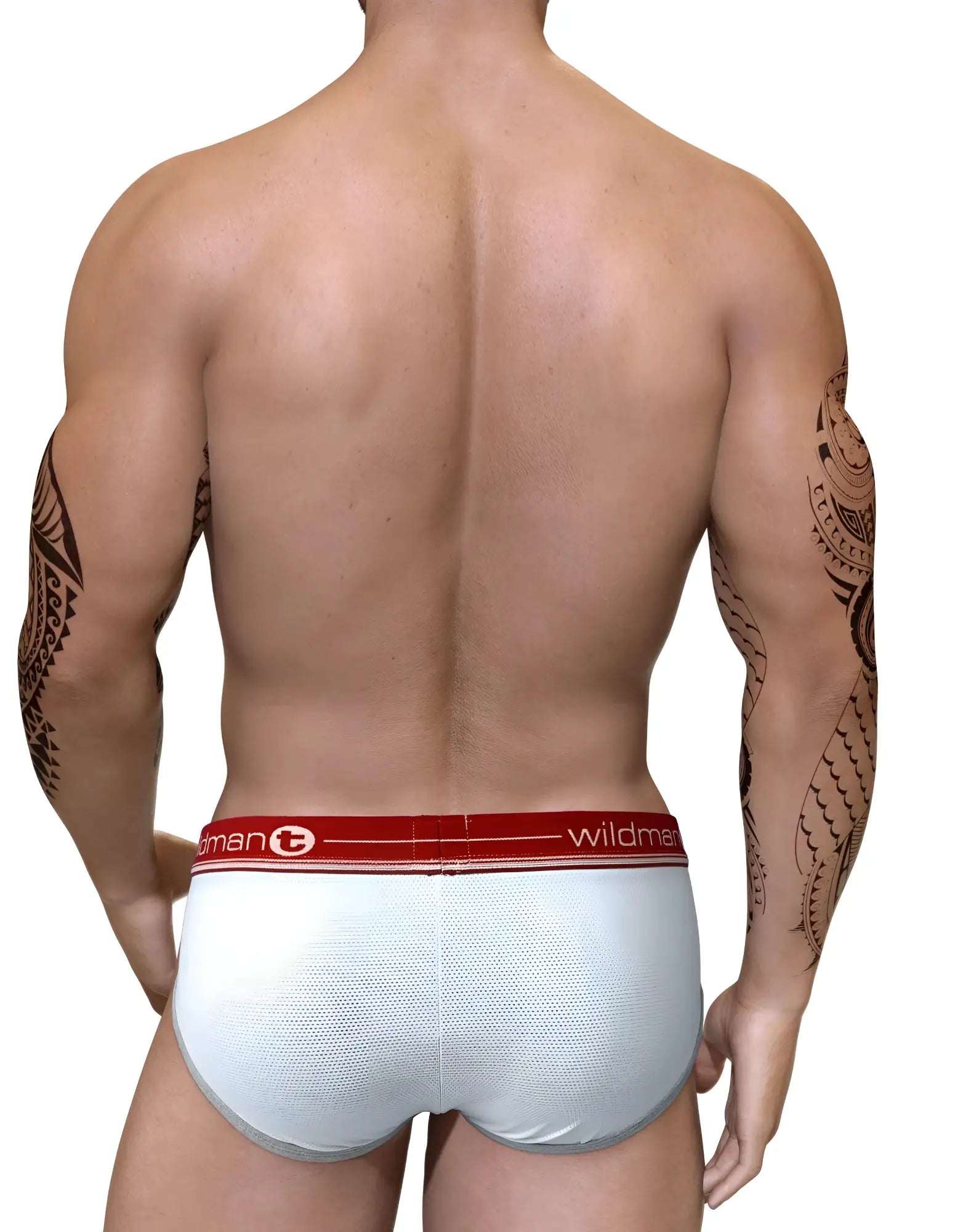 White textured briefs with red elastic waistband featuring wildman logo in wildmant duo big boy pouch brief red