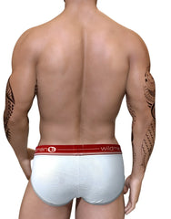 White textured briefs with red elastic waistband featuring wildman logo in wildmant duo big boy pouch brief red