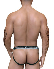 Black wildman brand briefs featuring a white logo waistband in the wildmant duo big boy pouch jock strap style