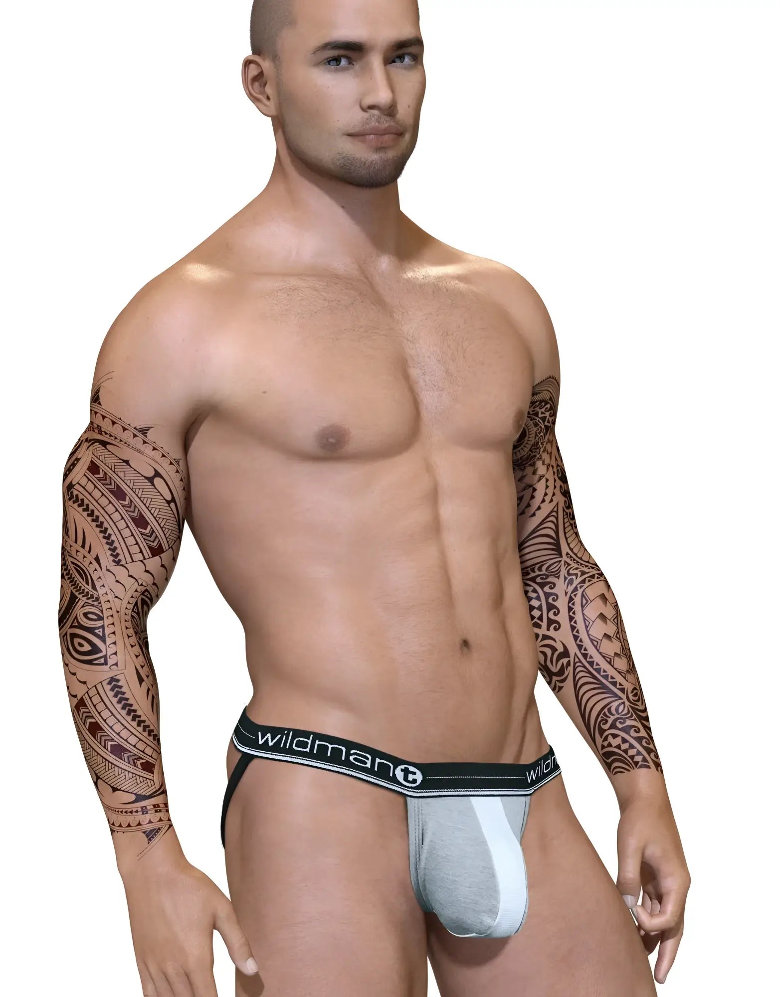 Gray and white athletic briefs with a black wildman waistband featuring the duo big boy pouch jock strap design