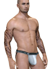 Gray and white athletic briefs with a black wildman waistband featuring the duo big boy pouch jock strap design