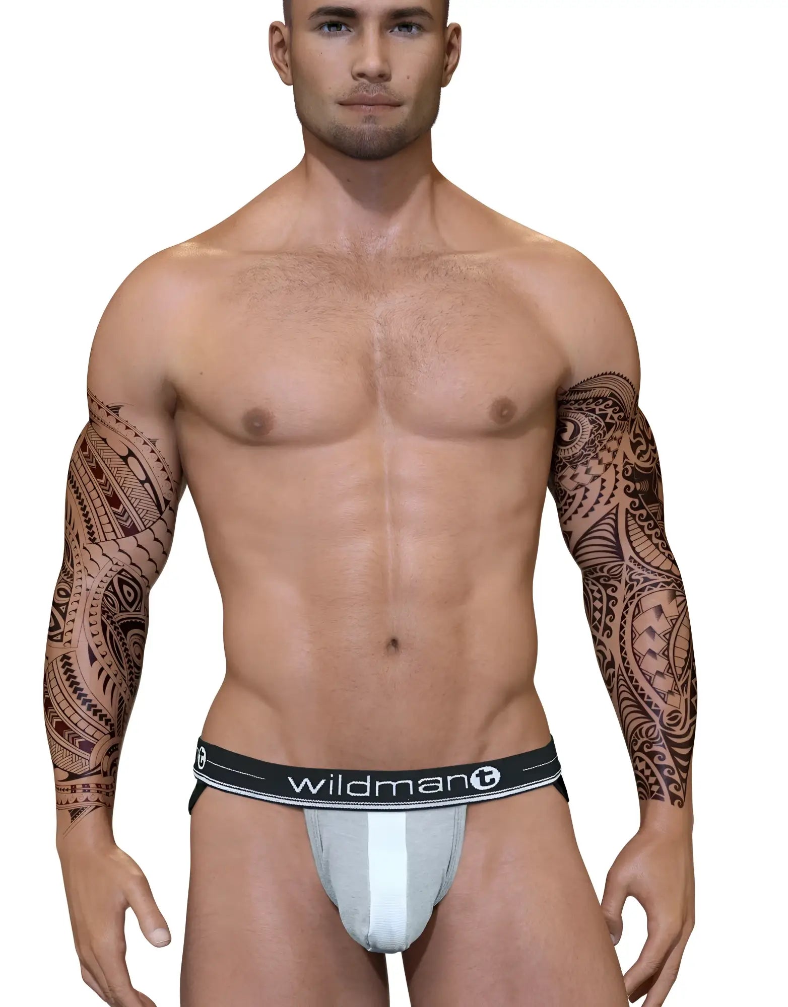 Gray and white athletic briefs with black waistband featuring wildman logo from wildmant duo big boy pouch jock strap
