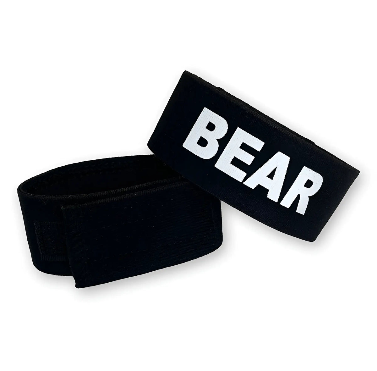 Wildmant fetish max black elastic cock-ring wristband with bold white bear lettering for bear enthusiasts