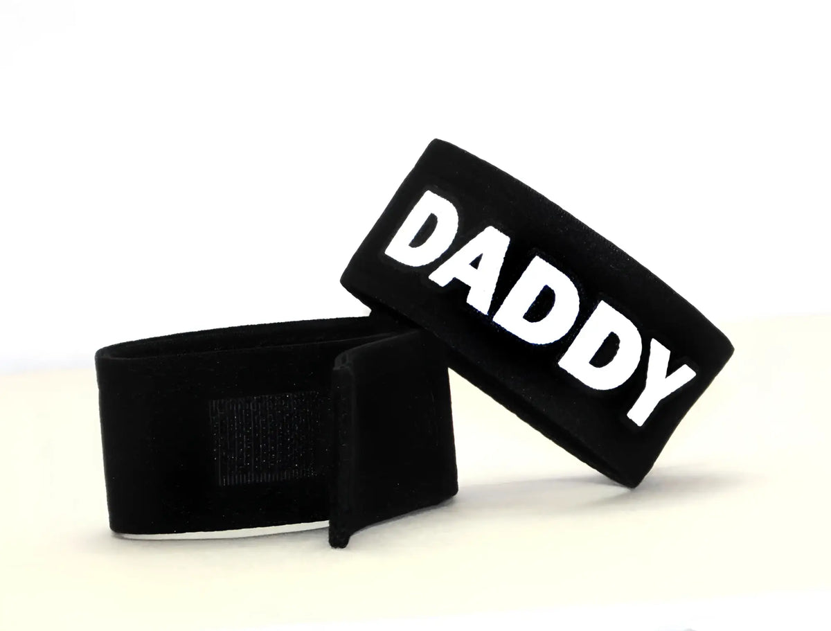 Wildmant fetish max cock-ring-daddy black velour wristband with bold white daddy lettering for fetish wear