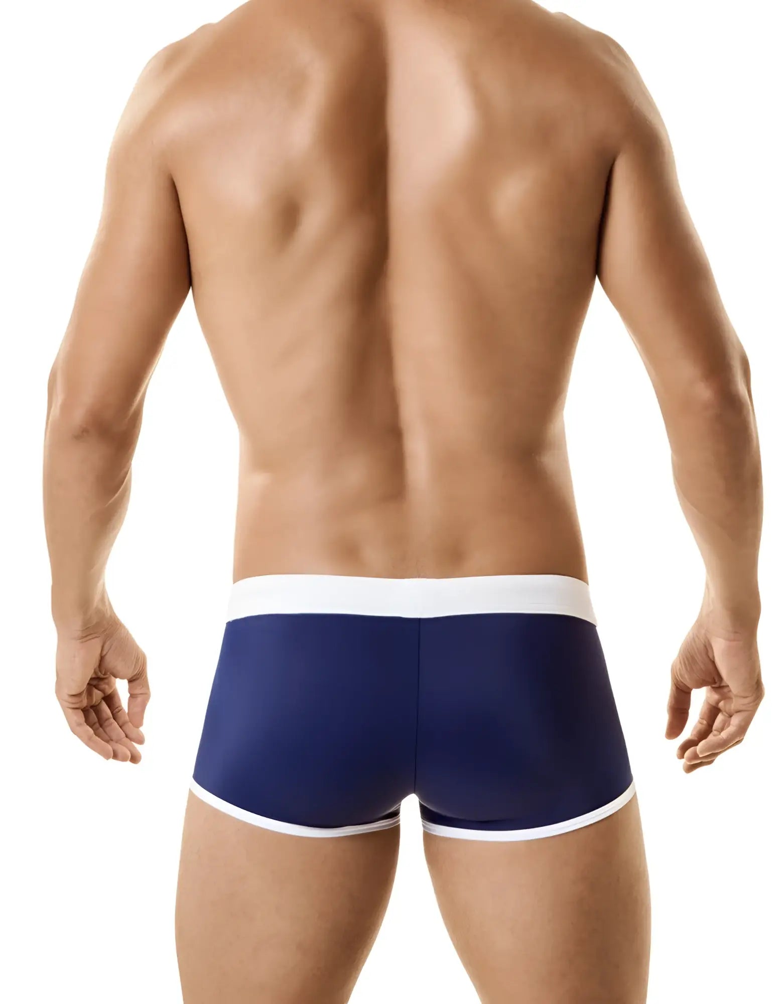 Navy blue wildmant jersey swim briefs with white trim and integrated cock ring for men