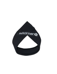 Black elastic ankle support with wildman logo in white lettering designed for support and stability in lifting