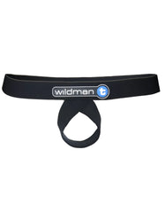 Black elastic waistband with central loop and wildman t logo in white and blue for wildmant lift loop support jock black