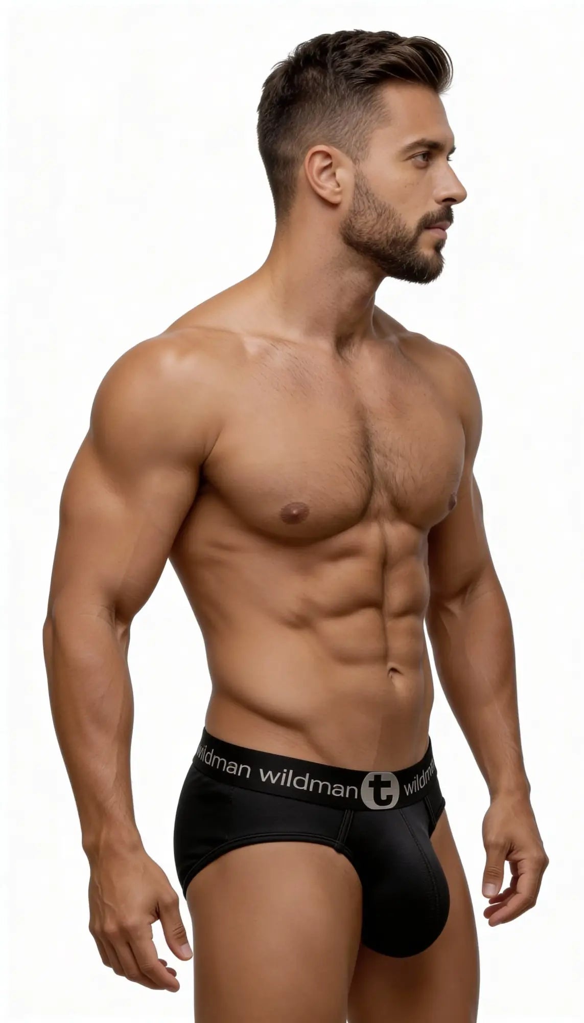 Black wildmant mesh big boy pouch briefs with white elastic waistband and logo for comfortable support