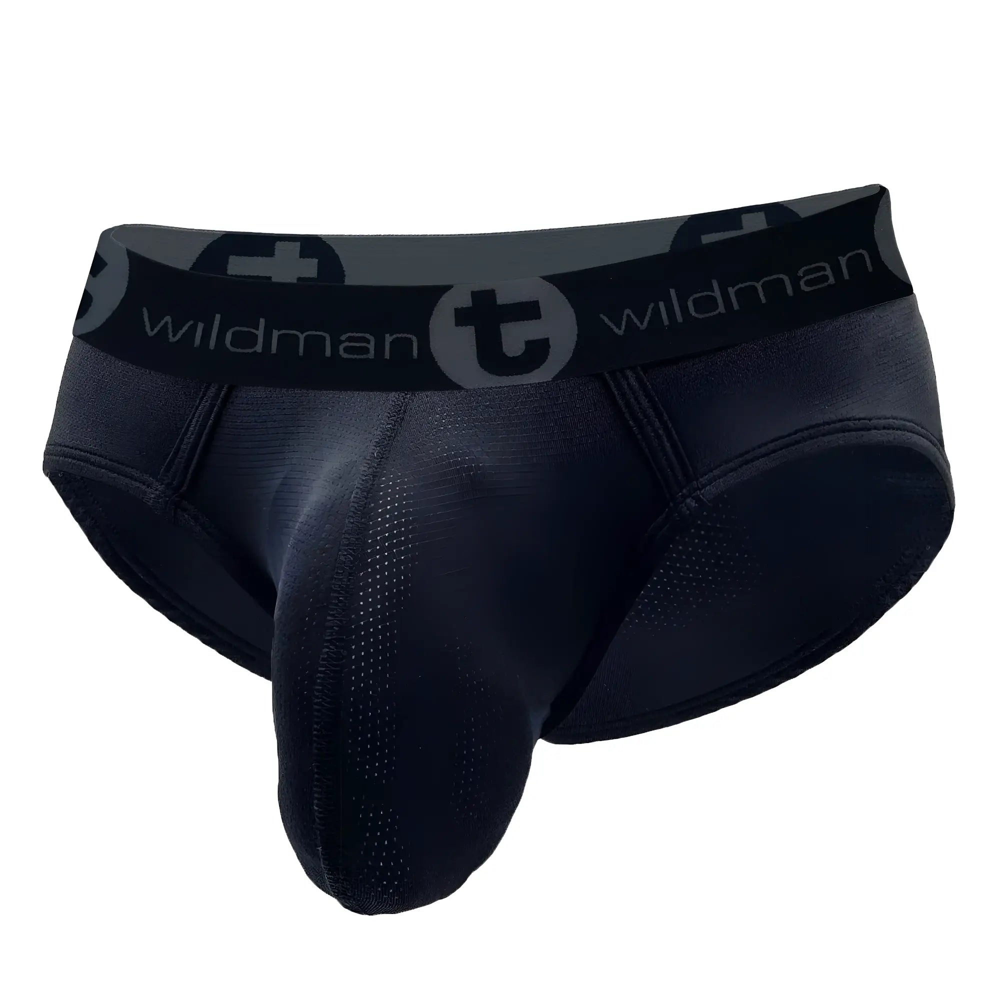Black wildman men’s briefs with textured mesh pattern and branded waistband in WildmanT mesh big boy pouch brief black