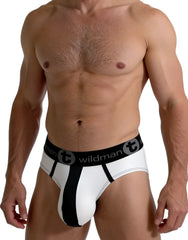 Wildmant mesh big boy pouch brief with stripe in white and black athletic fabric with bold vertical stripe and branded waistband
