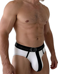 White and black wildman mesh big boy pouch brief with bold vertical stripe design in front view