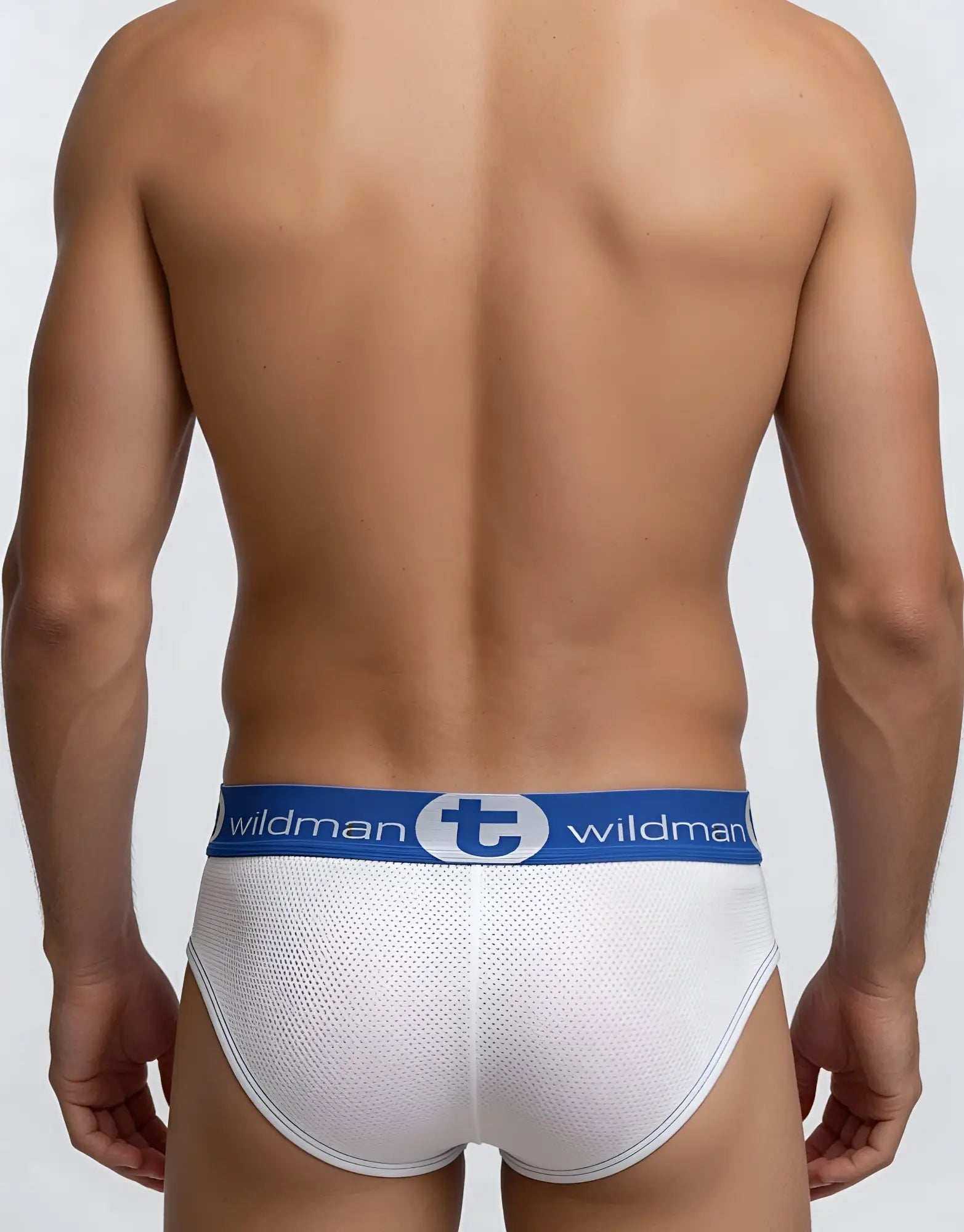 Wildmant mesh big boy pouch brief in white mesh with blue waistband and wildman logo lettering