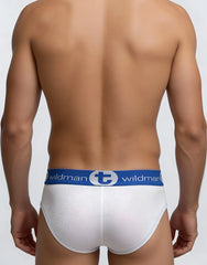 Wildmant mesh big boy pouch brief in white mesh with blue waistband and wildman logo lettering