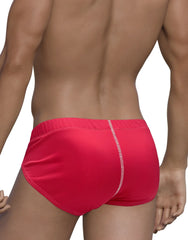 Wildmant mesh brief red bright red swim trunks with subtle textured pattern and white stitching on center seam