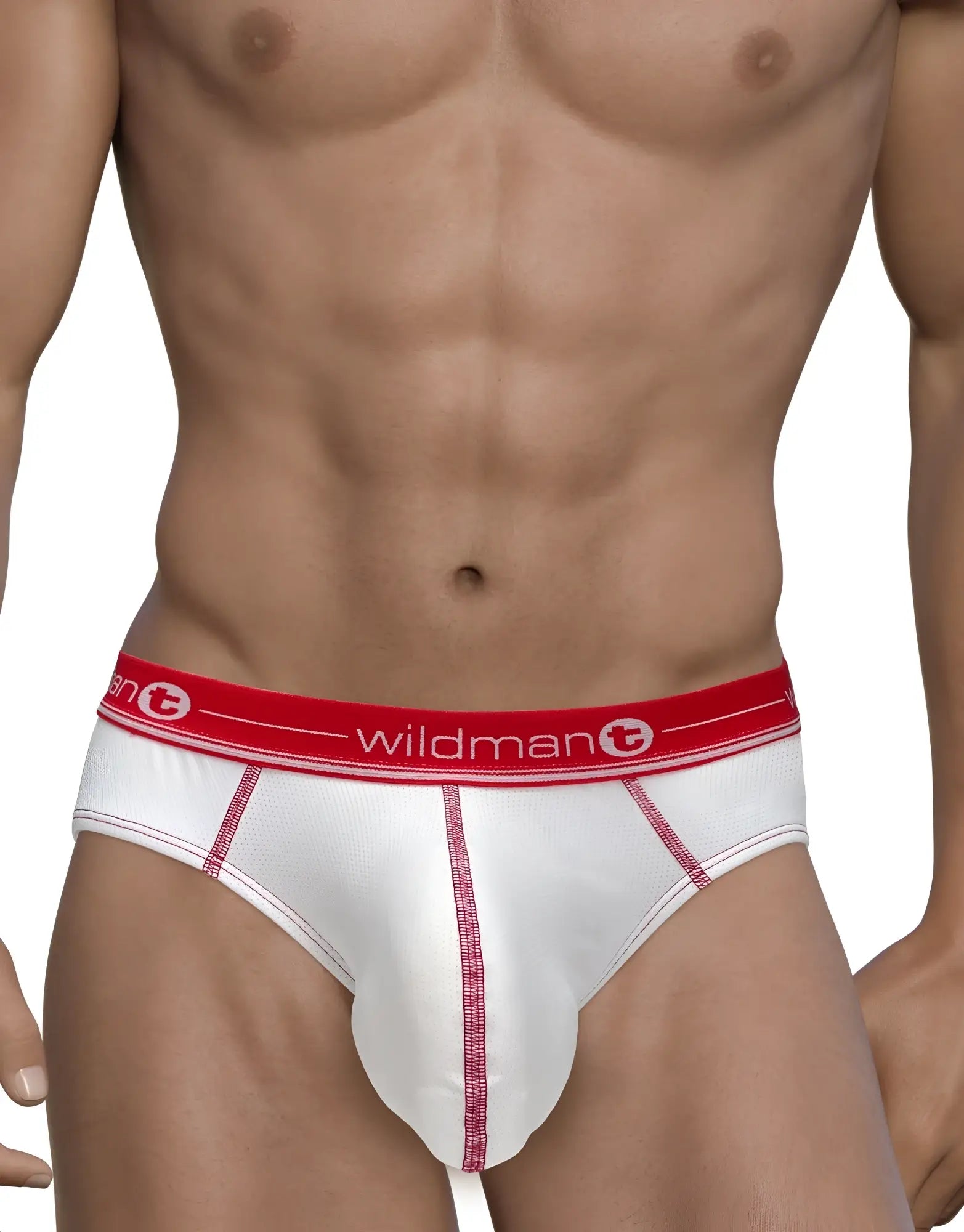 White men’s mesh briefs with red trim and wildman logo waistband designed for comfort and breathability