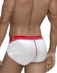 White mesh briefs with red waistband featuring wildman brand name and logo wildmant mesh brief white and red