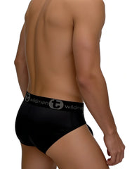 Wildmant mesh monster cock brief black in black mesh with gray elastic waistband featuring wildman logo and emblem