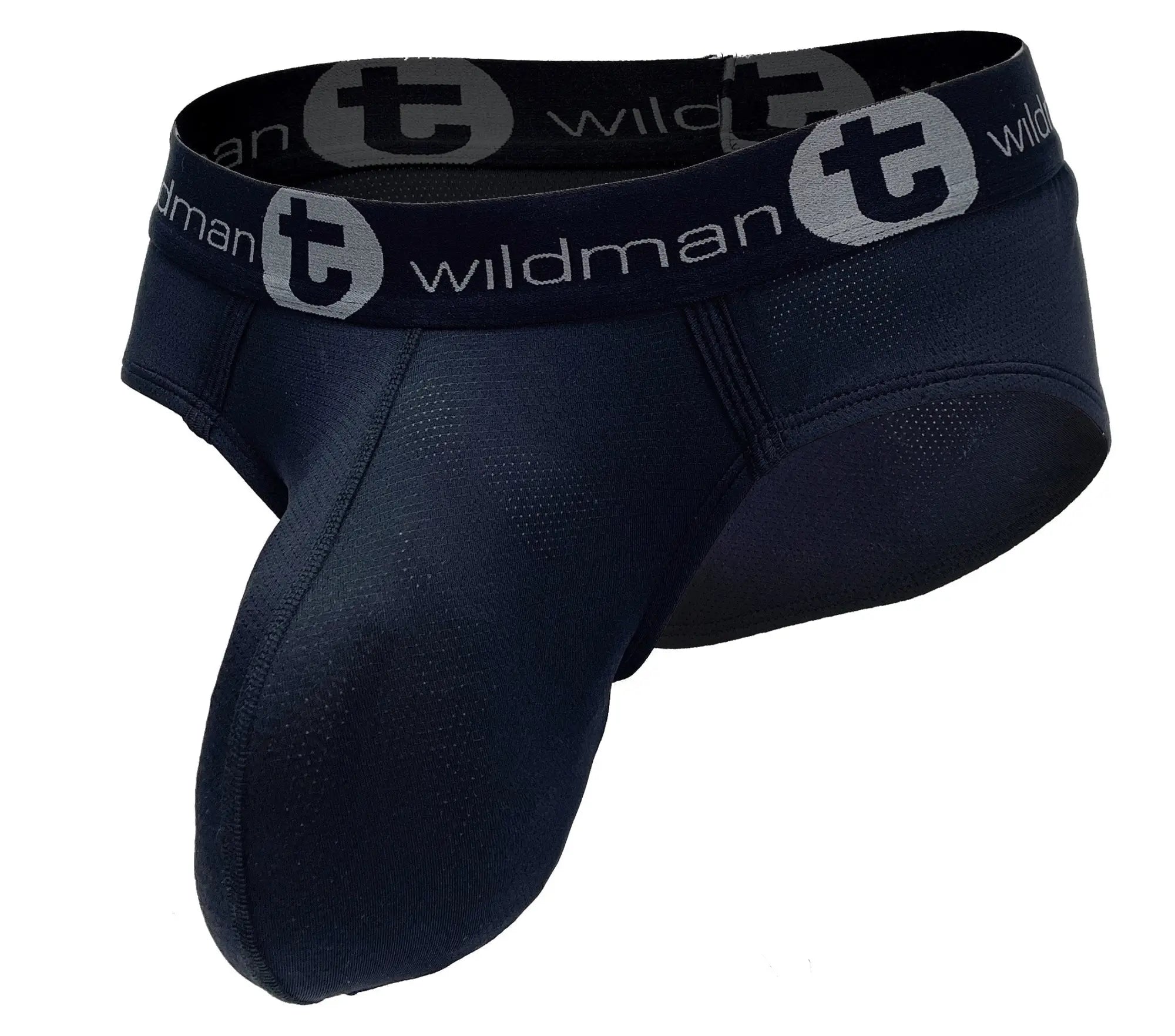 WildmanT mesh monster cock brief black jockstrap with textured fabric and gray black wildman logo waistband detailing