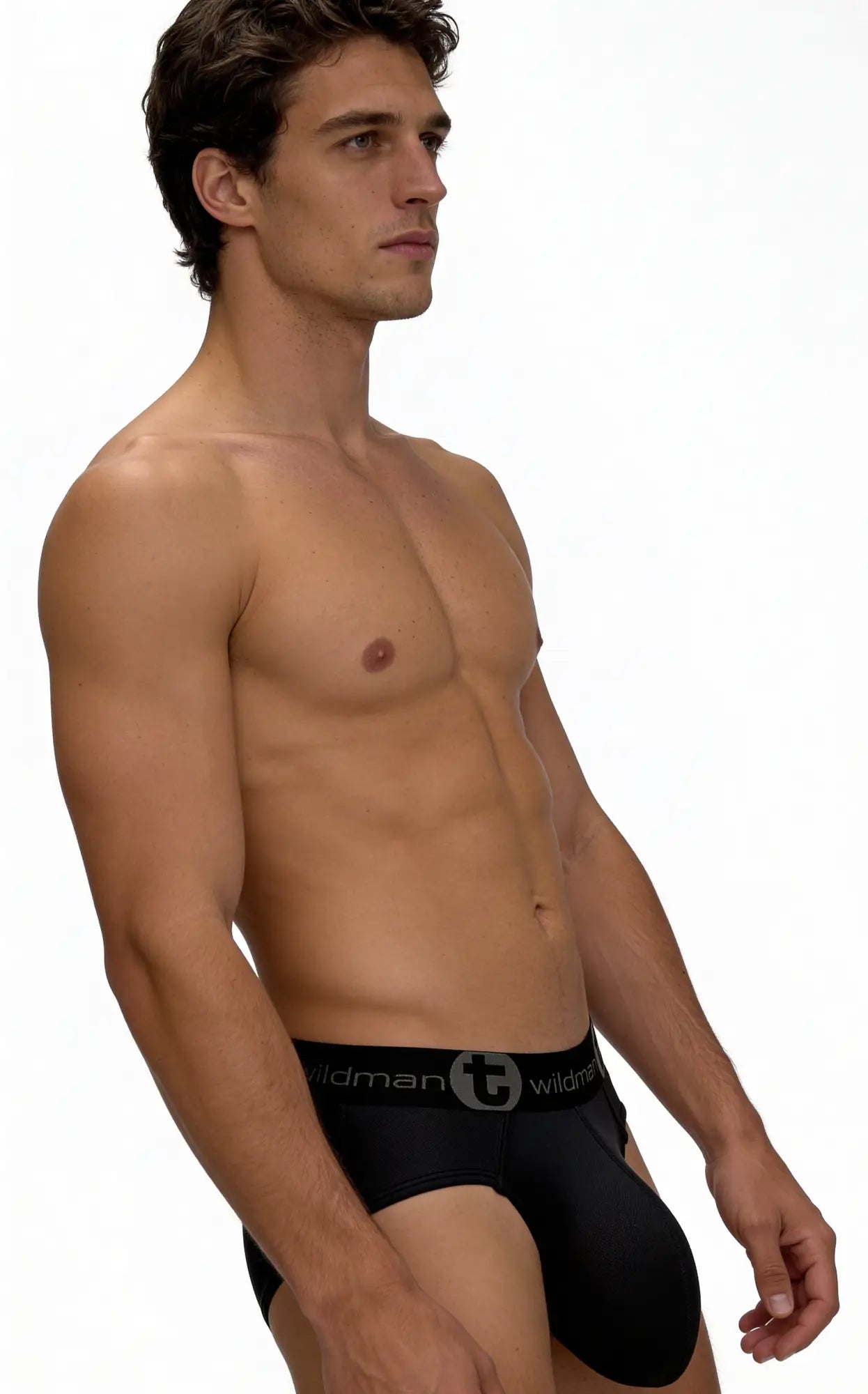 Black wildman brand mesh monster cock brief with subtle elastic waistband featuring white logo lettering