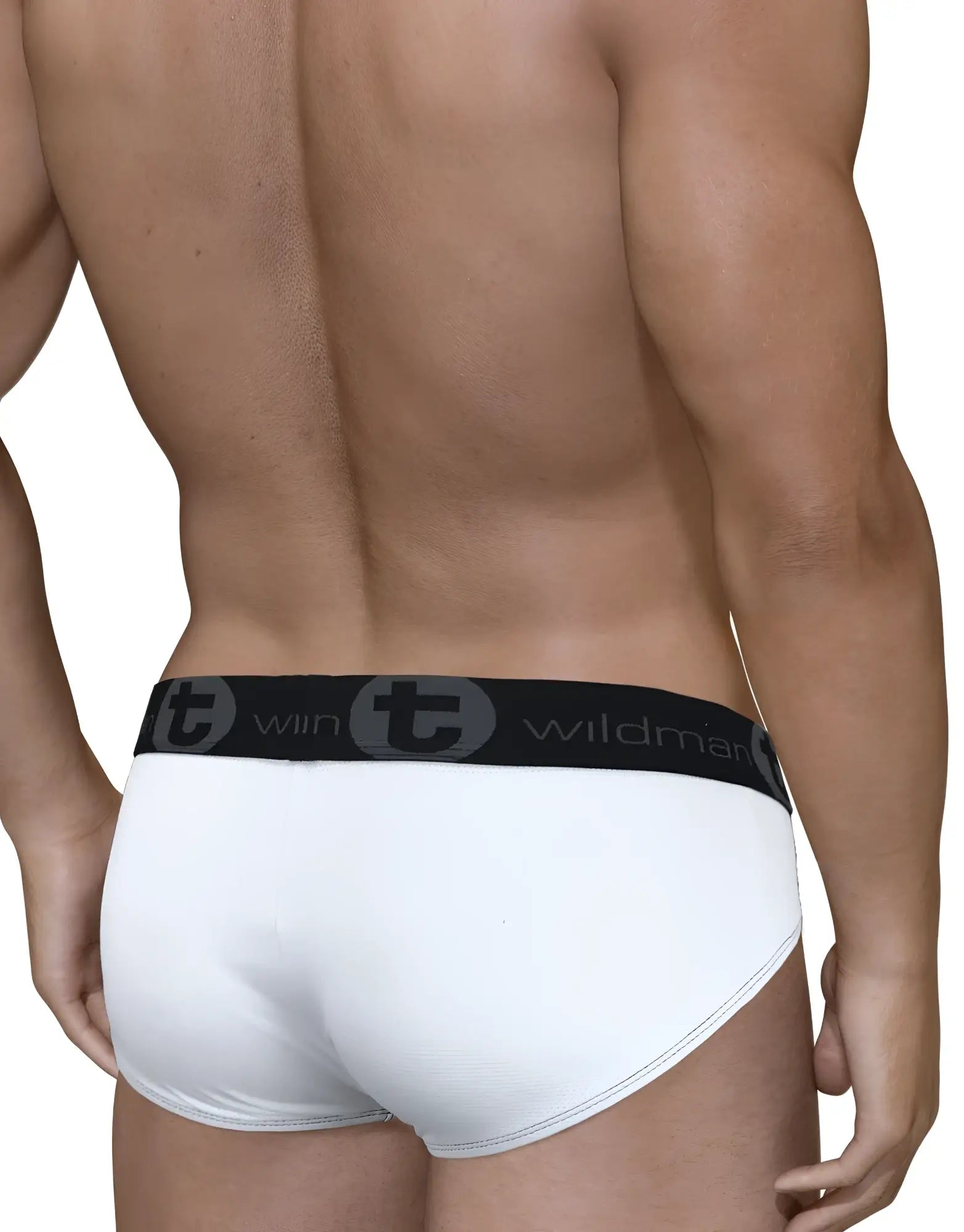 White mesh briefs with black elastic waistband featuring wildman logo and circular t emblem WildmanT Mesh Monster Cock Brief