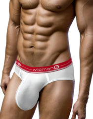 WildmanT mesh monster cock brief in white with a red waistband featuring wildman logo and circular emblem