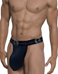 Dark navy blue Wildman brand jockstrap with contoured mesh pouch and elastic waistband featuring the brand logo