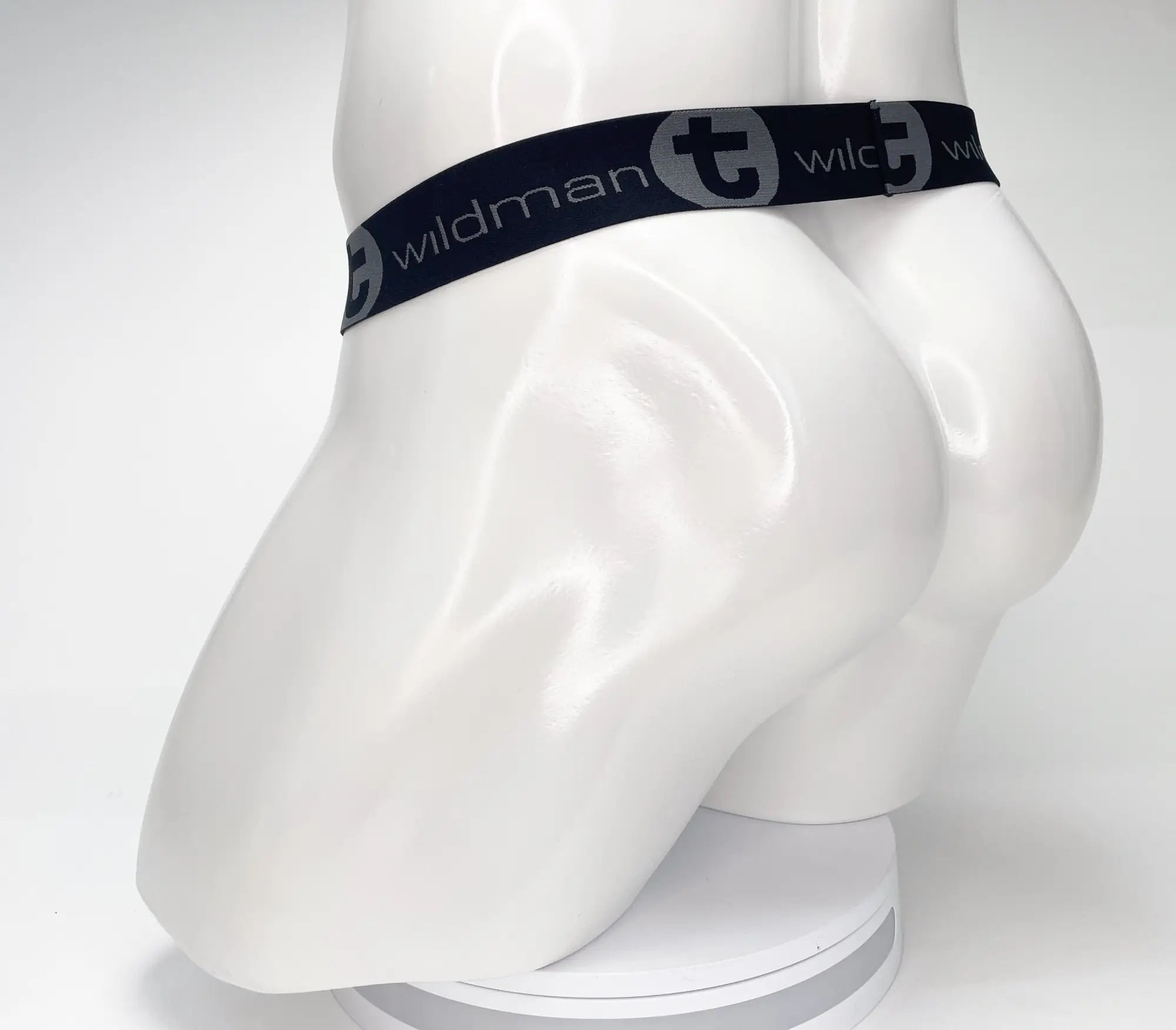 Black elastic waistband with wildman branding and stylized t logo on mesh monster cock strapless pouch black displayed on mannequin