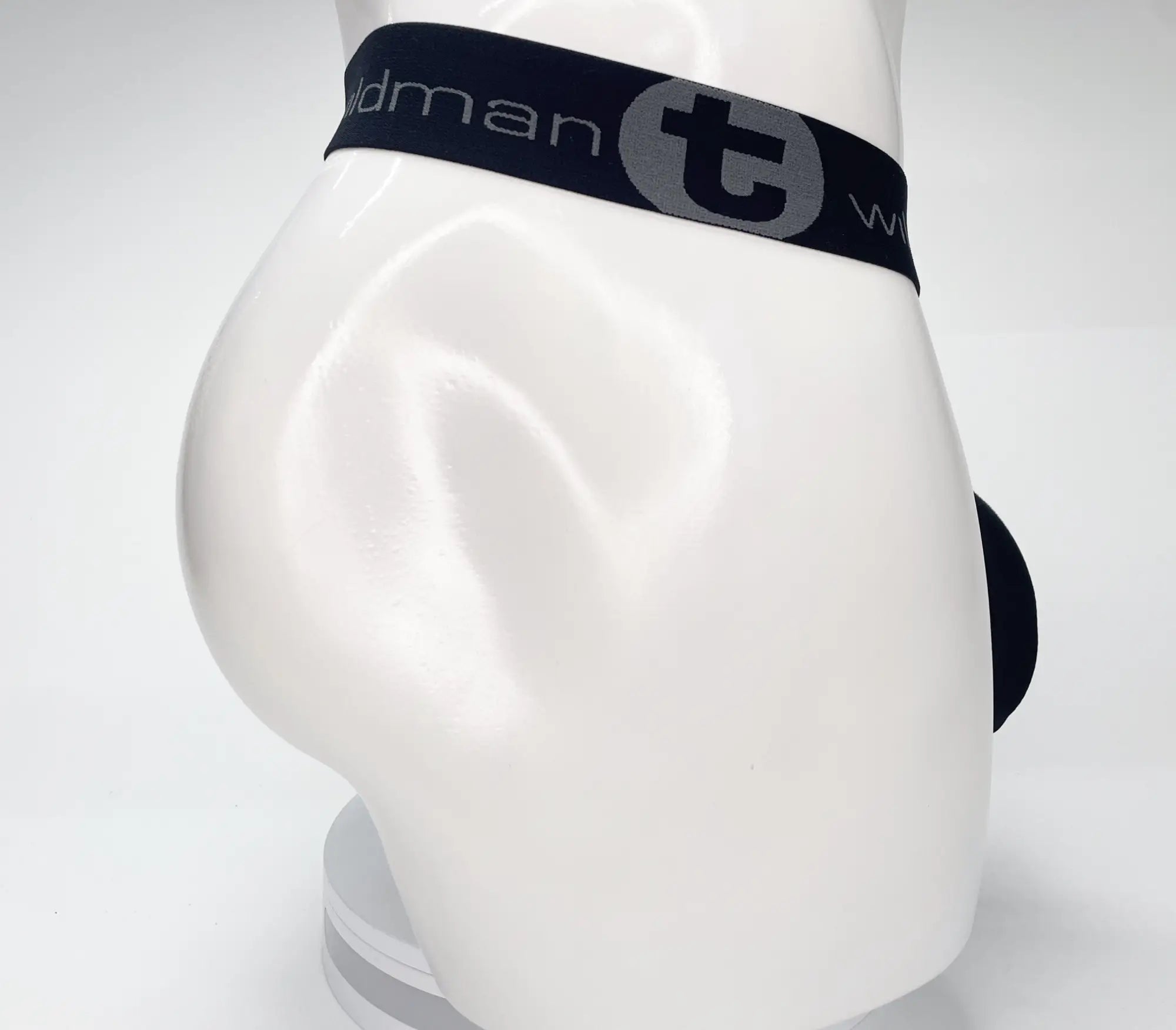 Black men’s briefs with navy blue mesh waistband featuring wildmant t logo and brand name in black pouch design