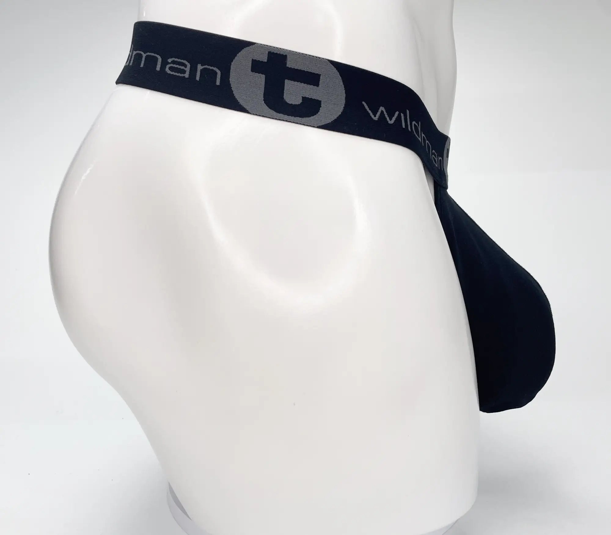 Black men’s briefs with mesh strapless pouch and navy wildman elastic waistband in black color