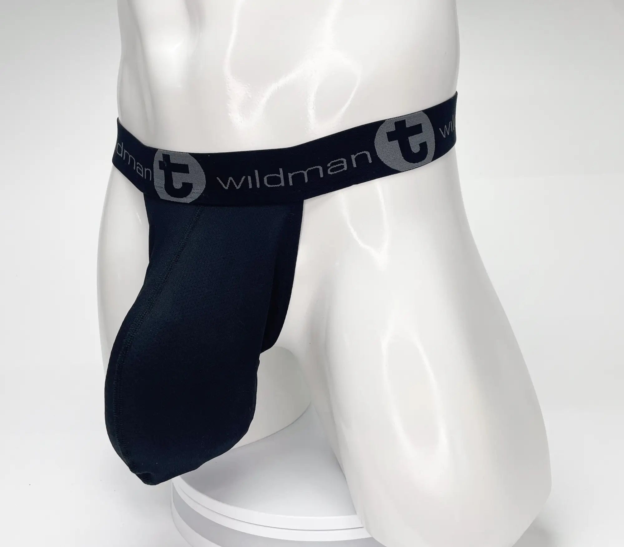 Black wildman jockstrap with contoured design elastic waistband mesh pouch for support and comfort