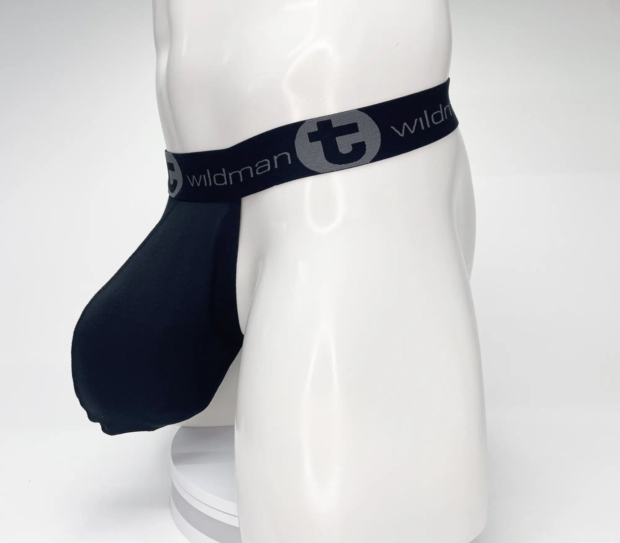 Black wildman brand mesh monster cock strapless pouch jockstrap with gray logo band for comfortable support