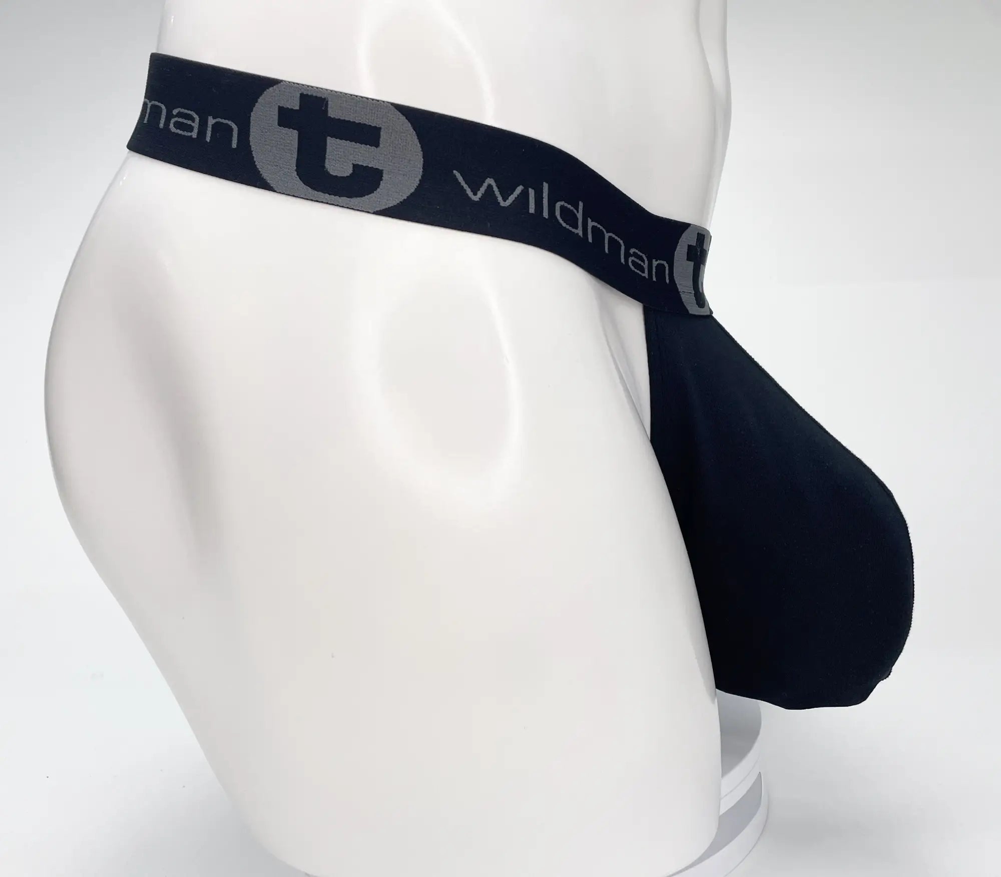 Black wildman brand mesh monster cock strapless pouch jockstrap with gray logo and elastic waistband