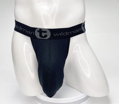 Black wildman brand jockstrap with gray logo band featuring wildmant mesh monster cock strapless pouch in black