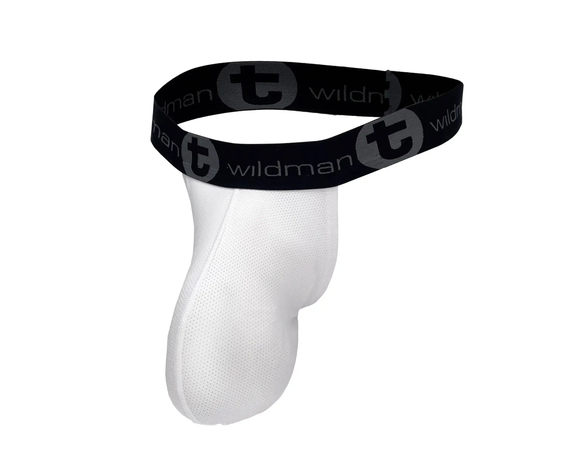 White wildman mens jockstrap with mesh pouch and black elastic waistband featuring repeating logo pattern