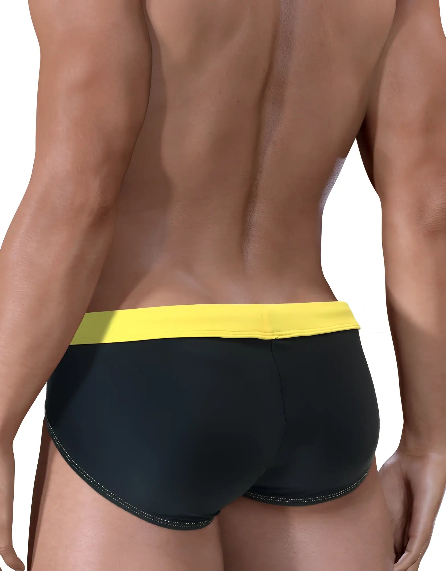 Black WildmanT Moby big boy pouch swim trunks with bright yellow waistband for comfortable beachwear