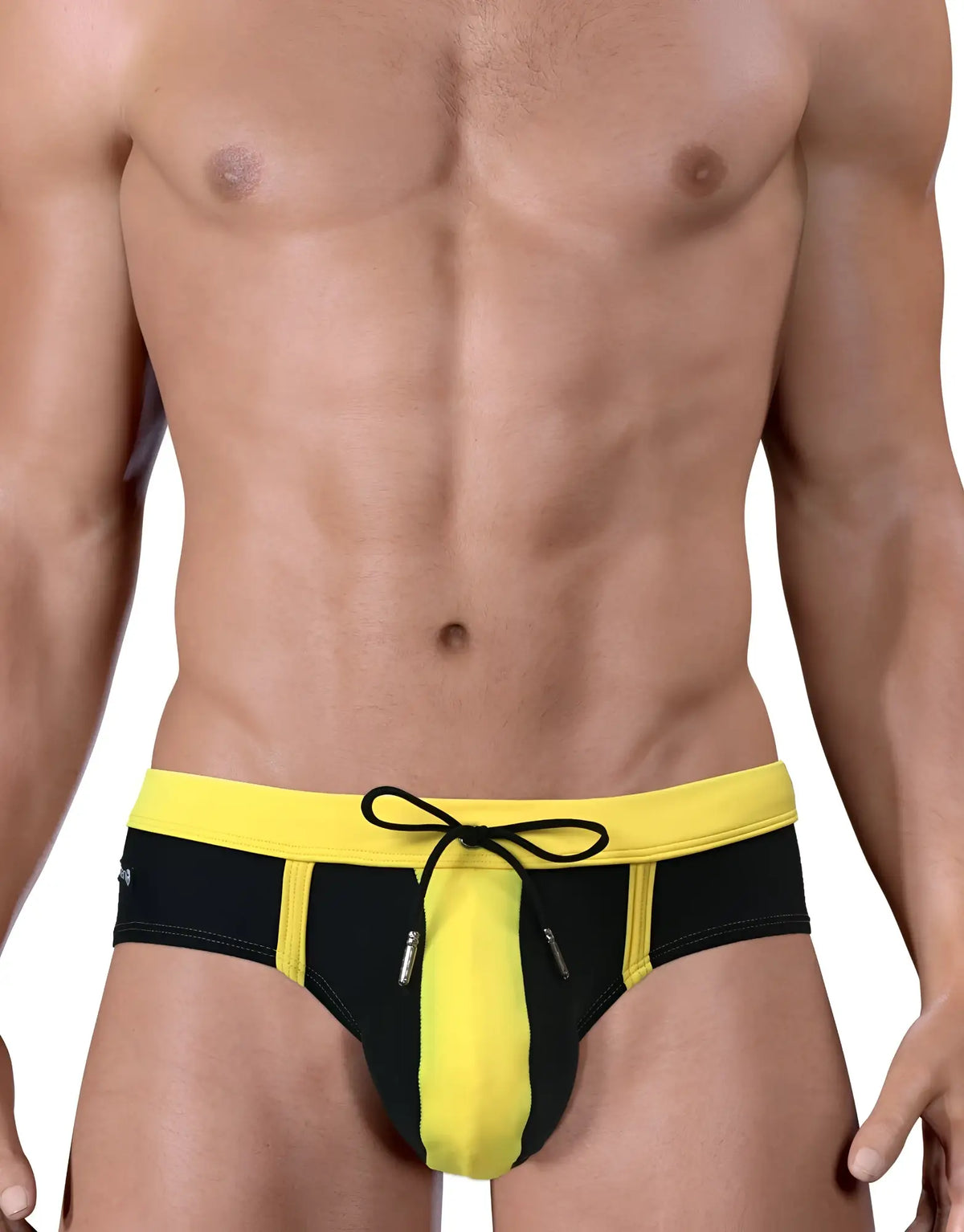 WildmanT Moby big boy pouch swim trunks in black and yellow with drawstring waistband for swim use