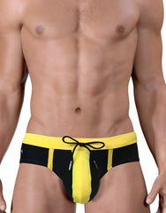 WildmanT Moby big boy pouch swim trunks in black and yellow with drawstring waistband for swim use