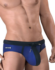 Blue and black wildmanT moby big boy pouch swim athletic briefs with drawstring waistband and wildman logo on the side