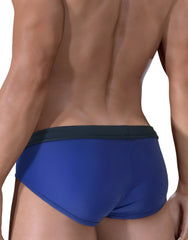 Blue swim trunks with a dark green waistband from wildmant moby big boy pouch swim collection