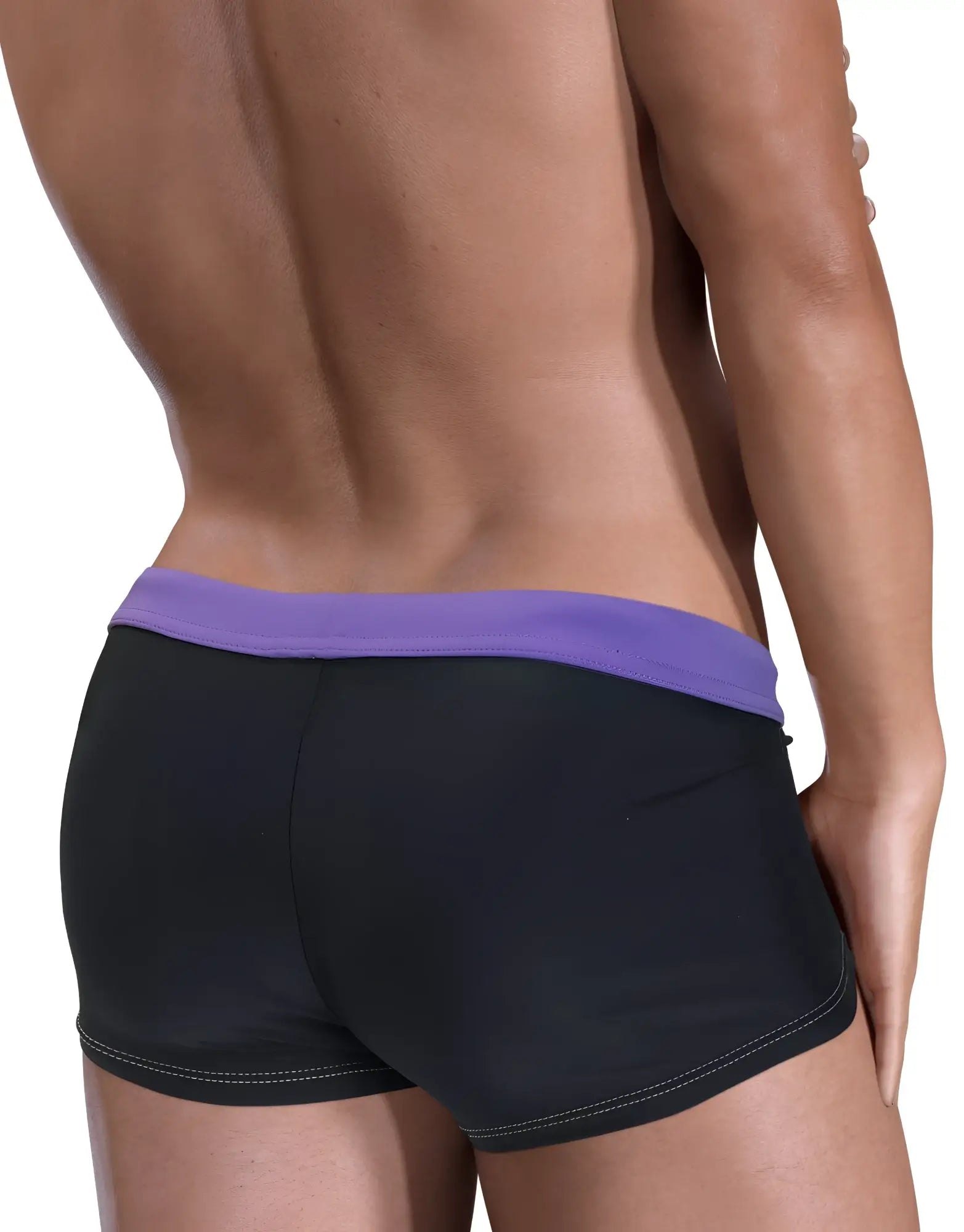 Wildmant moby big boy pouch swim square cut black briefs with purple waistband and white stitching along hem