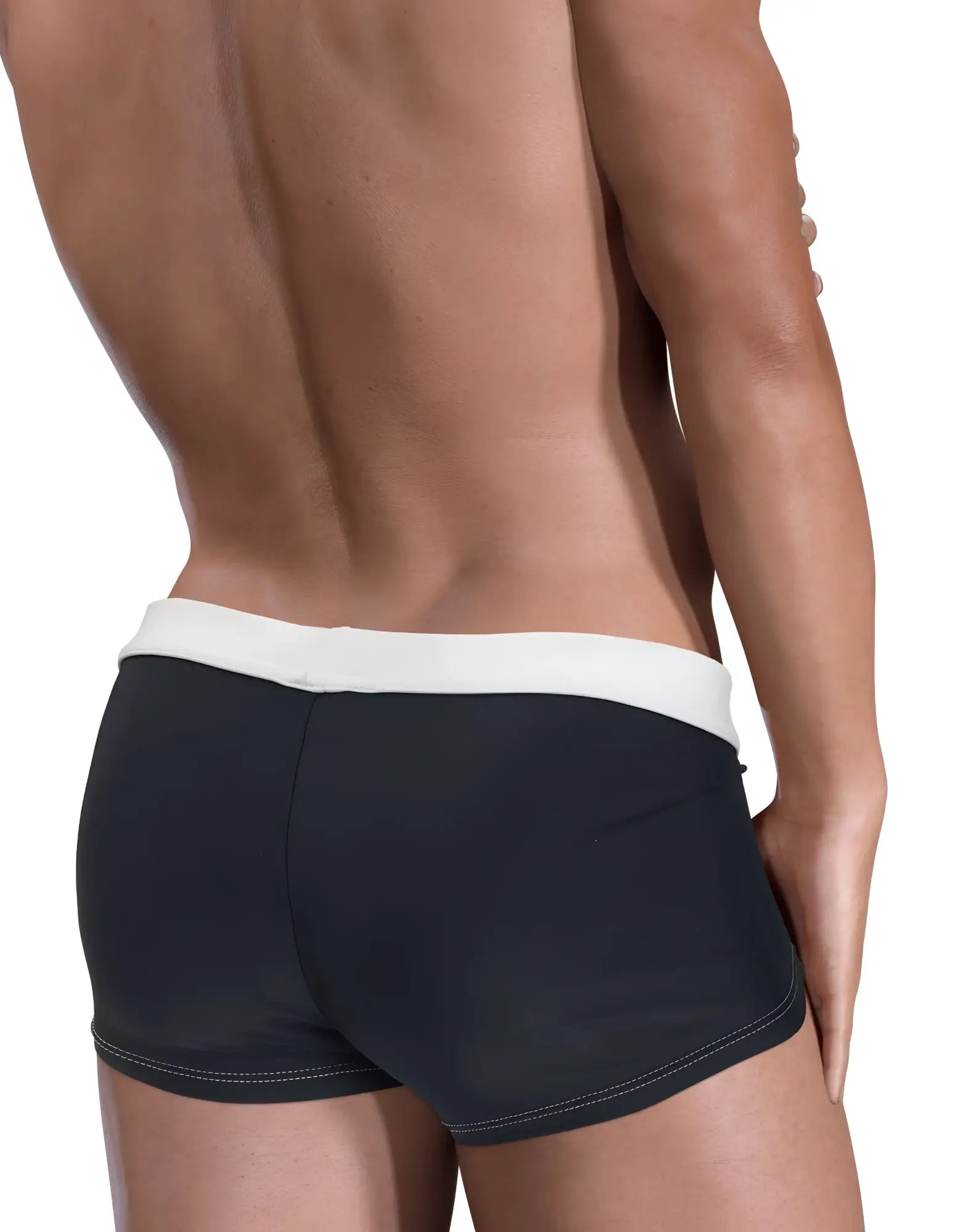 Black WildmanT Moby big boy pouch swim square cut trunks with white elastic waistband and contrasting stitching