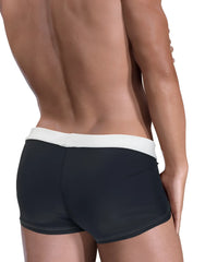 Black WildmanT Moby big boy pouch swim square cut trunks with white elastic waistband and contrasting stitching