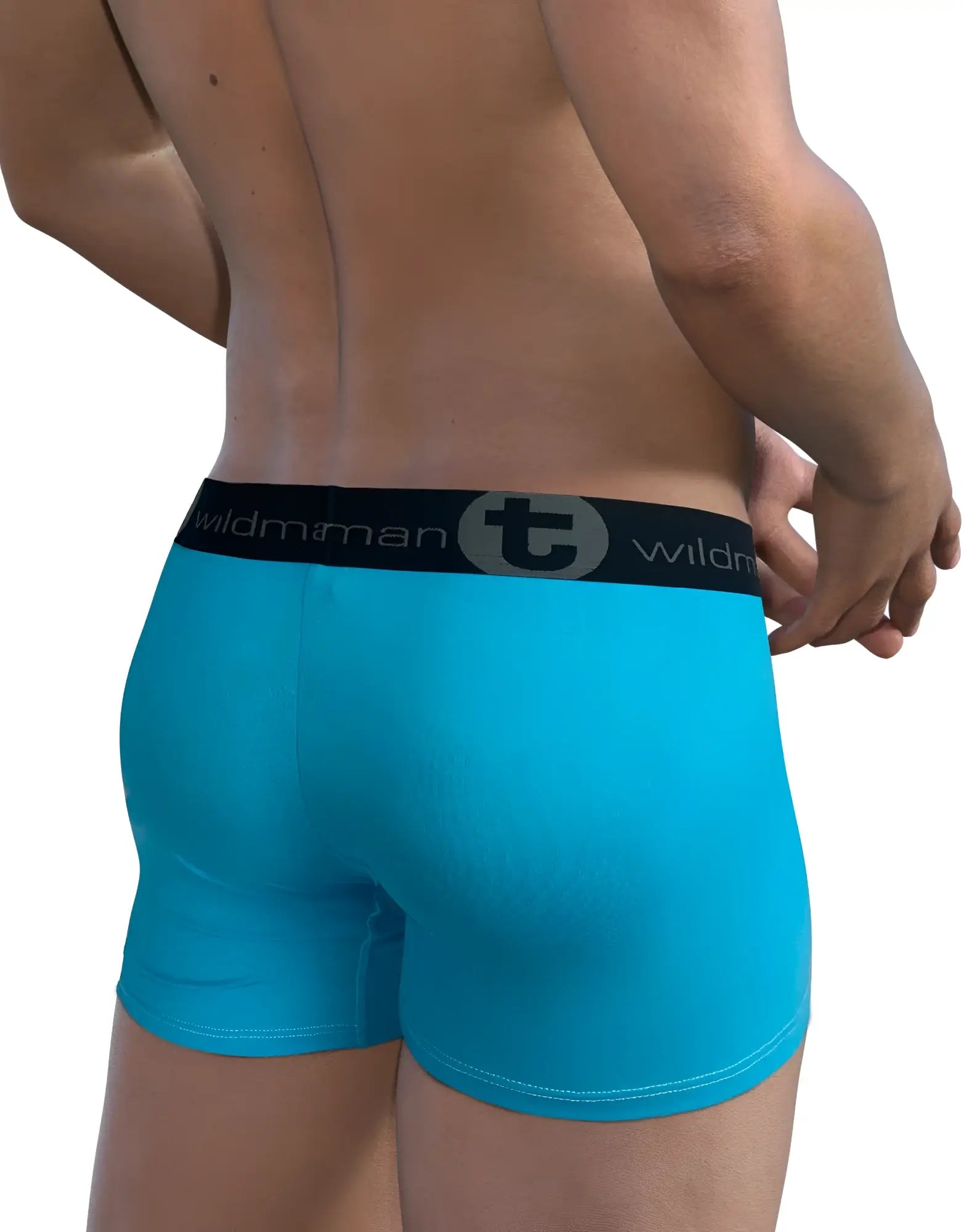 Bright turquoise wildman modal big boy pouch boxer briefs with 5 inch inseam and black waistband logo