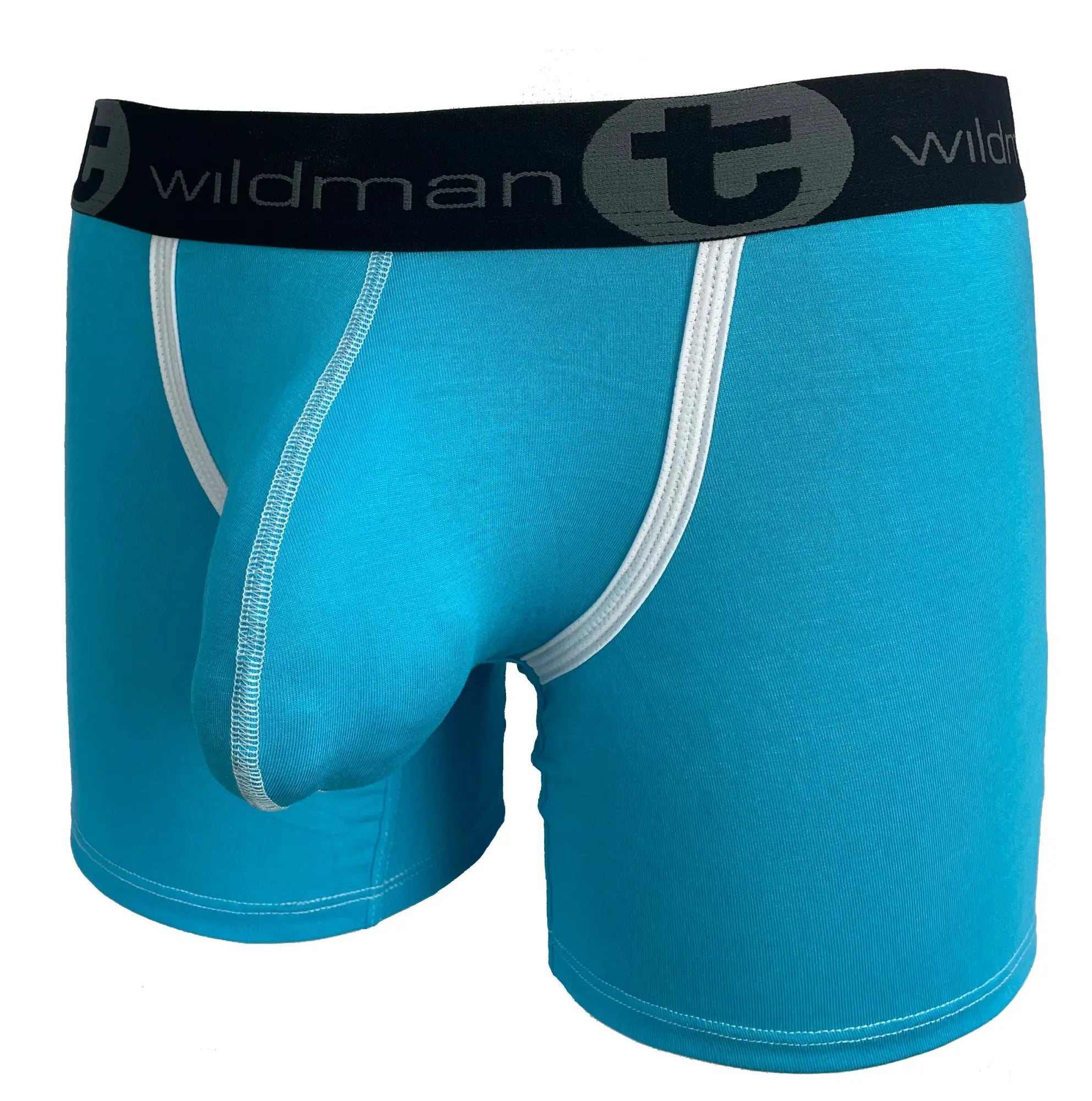 Bright blue wildmanT modal big boy pouch boxer briefs with black waistband and white stitching along seams